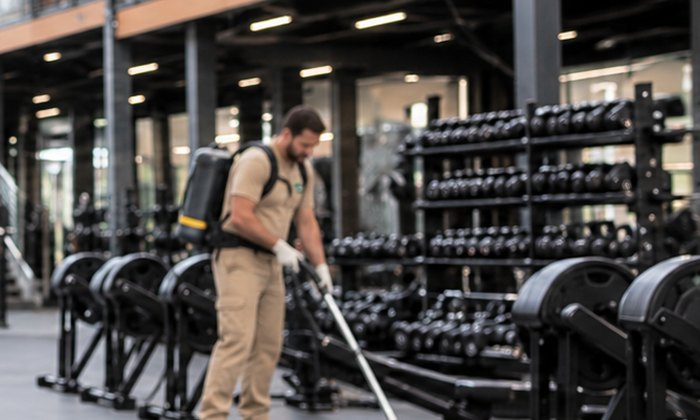 EcoCleaners-Team reinigt Hantelbank und Trainingsfläche eines Fitnessstudios