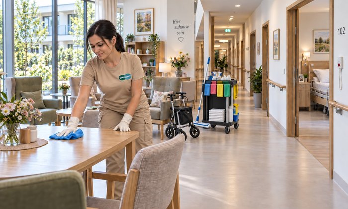 EcoCleaners-Mitarbeiterin reinigt den Aufenthaltsbereich einer Pflegeeinrichtung