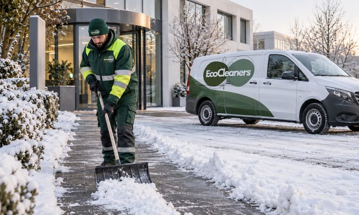 EcoCleaners-Mitarbeiter beim Schneeraeumen vor einem Buerogebaeude, Firmenfahrzeug im Hintergrund